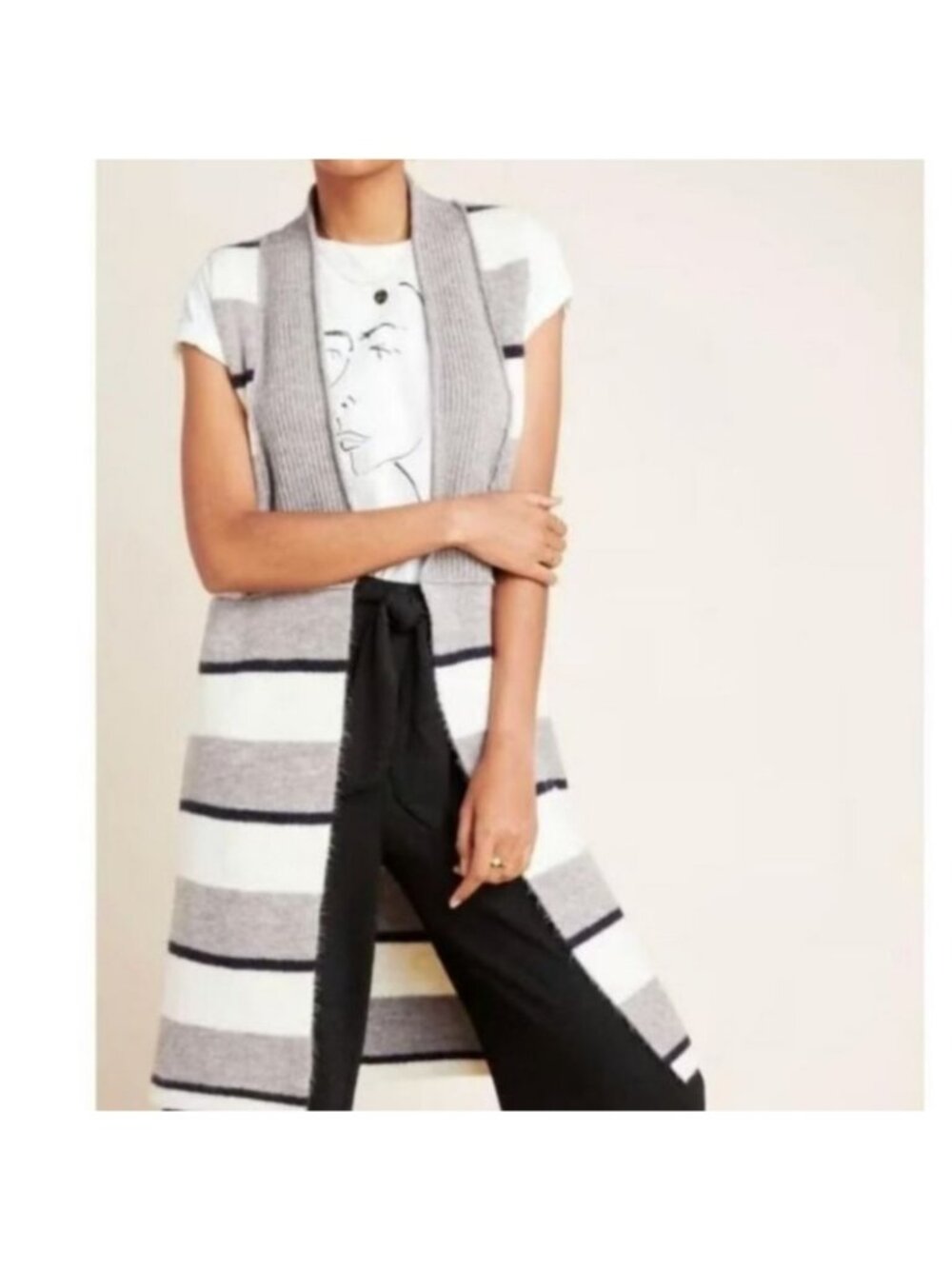 Anthropologie Cardigan M Cream Gray Pencey Longline Striped Boho Southwest Vest
